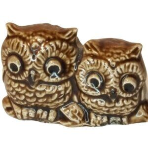 Vintage Ceramic Owls Miniature Pair of owls on Branch Small Brown